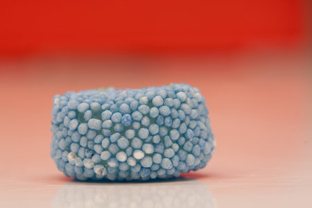 A closeup shot of a blue Liquorice candy on a red backgroundの写真素材