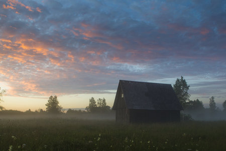 A beautiful shot of a wooden cabin in the fieldの写真素材