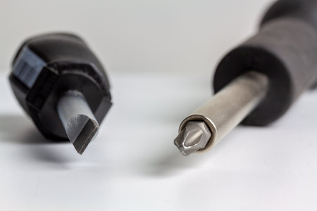A closeup shot of screwdrivers on a white backgroundの写真素材