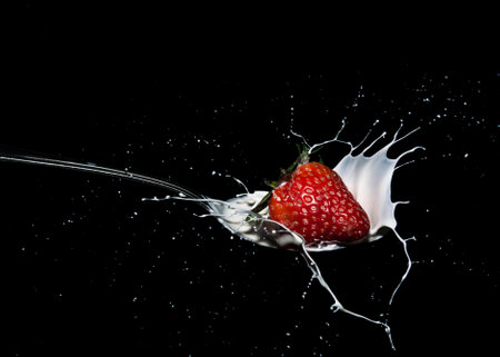 A closeup shot of a strawberry dropped into milk on an isolated backgroundの写真素材