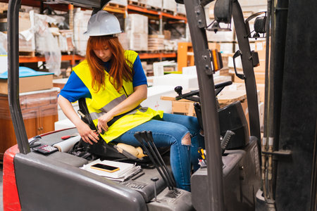 A Spanish woman worker putting a forklift seat belt in a warehouseの写真素材