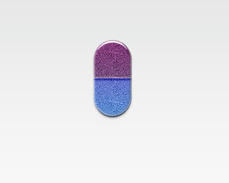 An illustration of a transparent capsule pill on a white backgroundの写真素材