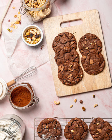 A flatlay shot of chocolate cookies, cocoa powder, and a bowl of peas on a tableの写真素材