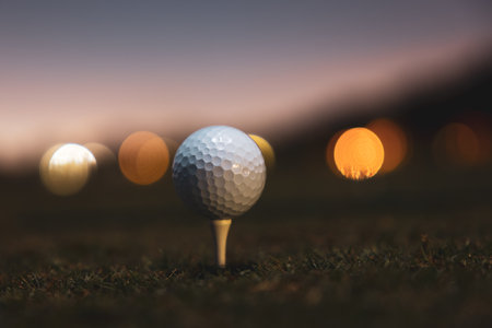 A closeup of golf ball balancing on tee against a bokeh backgroundの写真素材