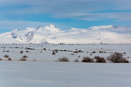 A beautiful winter landscape with a snow-covered mountain range in the countrysidの写真素材