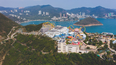 An aerial view of an Ocean Park in Hong Kongの写真素材