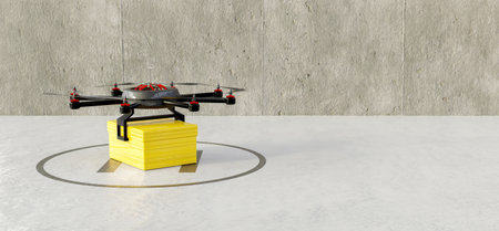 A 3D render of a small drone picking up a package to delieverの写真素材