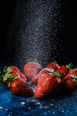 A vertical shot of delicious strawberries with sugar and powderの写真素材