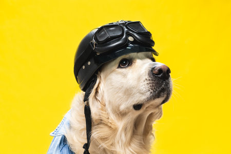 A closeup of a pilot golden retriever isolated on a yellow backgroundの写真素材