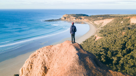 Aerial View of Waves and Beach of Great Ocean Road at Sunset, Victoria, Australiaの写真素材