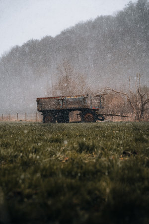 A vertical shot of an old weathered wheelbarrow in a grassy field with trees in the backgroundの写真素材