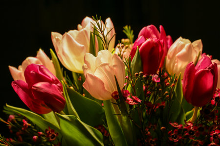 A closeup shot of colorful tulips bouquetの写真素材