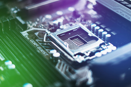 A closeup of the motherboard of a computer with the placeholder of the central processing unitの写真素材