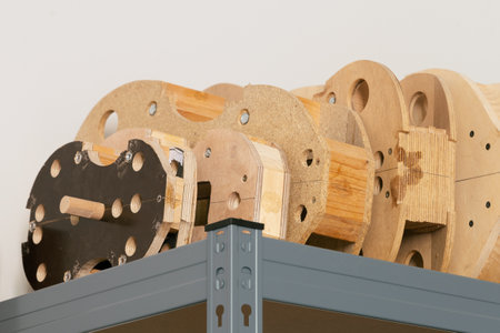 A luthier's workshop with wooden parts of musical instruments waiting for repair on a shelfの写真素材