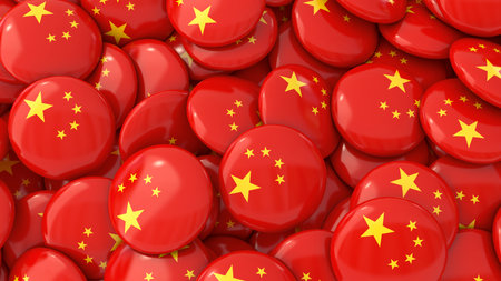 A 3D rendering badges with the Chinese flag, horizontal backgroundの写真素材