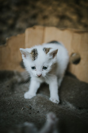 A vertical shot of white Anatolian kittenの写真素材