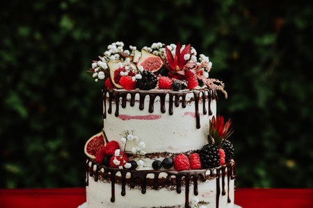 A selective focus shot of delicious cake decorated with fruitsの写真素材