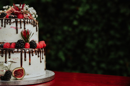 A wedding cake with fresh fruitsの写真素材