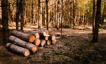 A selective focus shot of wood logs in a sunny forestの写真素材