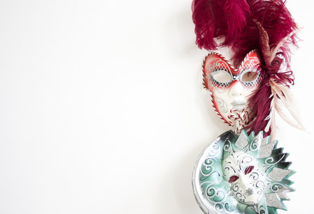 A closeup of the beautiful  carnival masks with a unique design on the white backgroundの写真素材