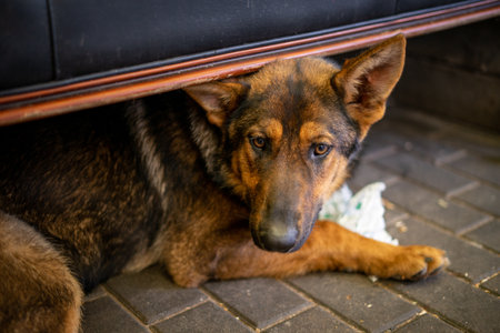 A cute German shepherd dog sitting on paved floor underneath a couchの写真素材