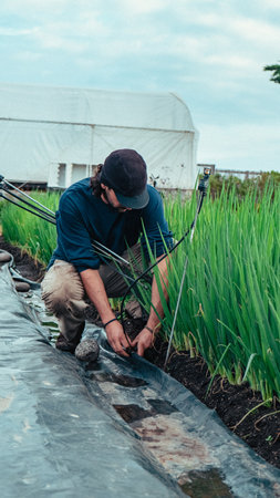 farmer man installing water sprinklers, for his vegetable garden, organic onion plantation with water care, for healthy and natural and organic food,の写真素材
