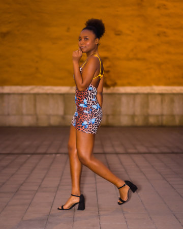 A young African-American female model in a short leopard dress posing in the streetの写真素材