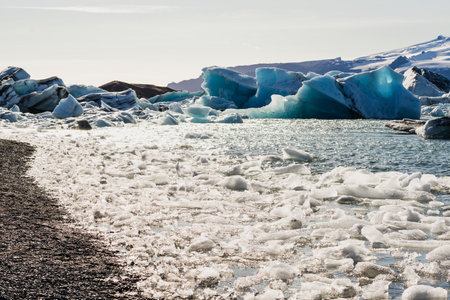 A beautiful view of the icebergs floating in the Jokulsarlon glacial lake in Iceland