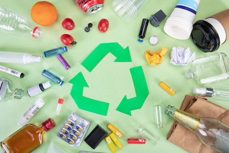 A top view of different types of garbage with a recycling sign in the center - the concept of nature conservation, separation and sorting of garbageの写真素材