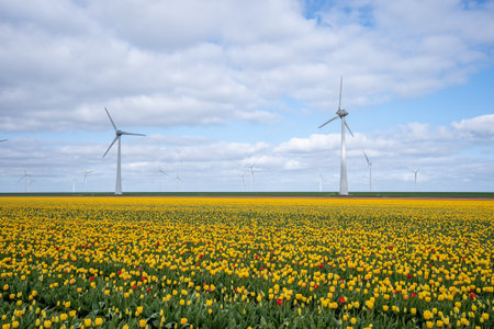 Wind turbines in a field of yellow tulips under a cloudy skyの写真素材