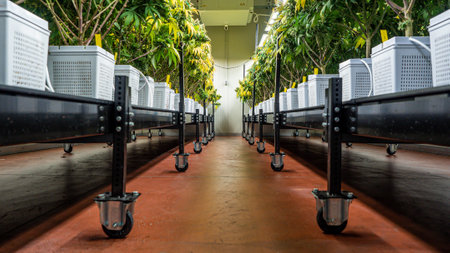 Legal cannabis flowering plants. The plants are grown inside an indoor hydroponic grow with artificial lights and irrigationの写真素材