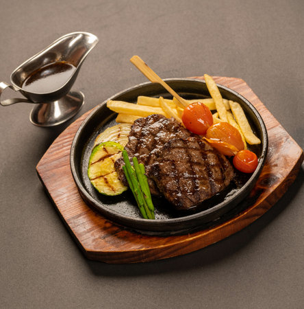 A vertical shot of steaks with French fries, grilled tomatoes, zucchini, asparagus, and sauce