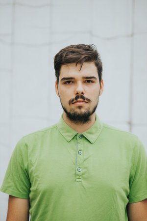 A vertical portrait of a young attractive Caucasian male with a serious expressionの写真素材