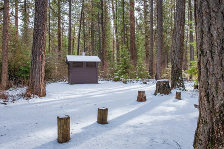 A small cabin in the winter forest; Camp Sherman in Oregon, USAの写真素材