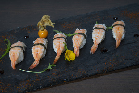 A closeup shot of a delicious plate of Nigiri Sushi - traditional Japanese cuisineの写真素材