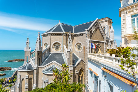 An aerial shot of Sainte-Eugenie Church in Biarritz municipality, Franceの写真素材