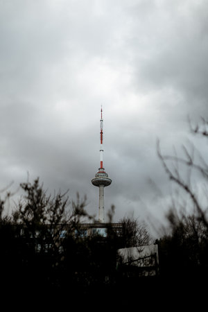 A vertical shot of the television tower of Vilnius in Lithuaniaの写真素材