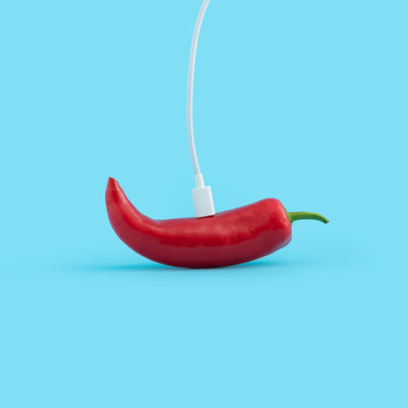 A white phone charger attached to a red pepper isolated on a blue backgroundの写真素材