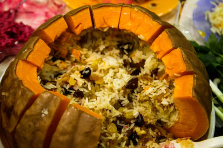 A high-angle shot of the traditional Armenian Ghapama served on the Christmas tableの写真素材