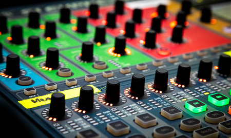 A closeup shot of sliders and buttons on an audio mixing desk at a live event