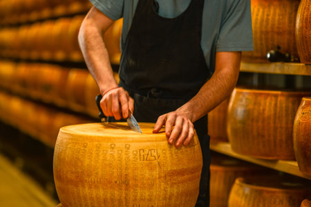 A closeup of a man slicing a Parmigiano Reggiano cheese wheelの写真素材
