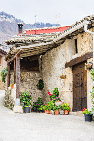 Stone old house at street with wooden doors and pots with plants near.の写真素材