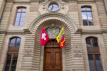 Entrance Door to Courthouse with Flags in Geneva, Switzerland.の写真素材