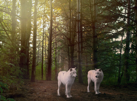 two beautiful grey wolves in a forest