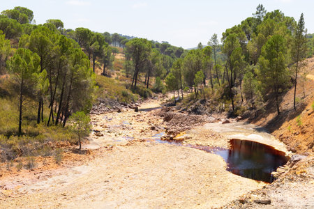 A landscape of the Rio Tinto Mining Park in Huelva under the sunlight in Spain