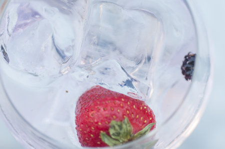 A closeup shot of gin and tonic with ice and strawberryの写真素材
