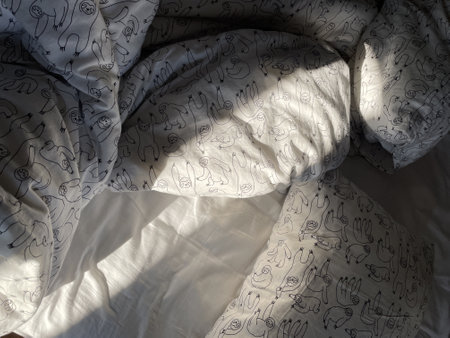 A closeup shot of a cozy bed with duvet and pillow in the sunlight