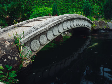 An old stone footbridge over the river at the Tropical gardens of Monte Palace in Madeira, Portugalの写真素材