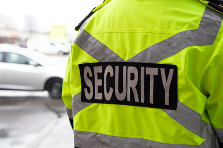 A closeup shot of a back of security guard watching over a parking areaの写真素材