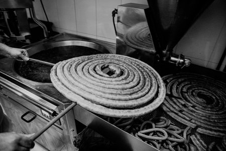 A grayscale closeup shot of a delicious fresh churro spiral being friedの写真素材